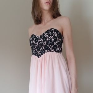 Pink chiffon and black lace midi dress